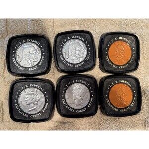 6 Piece Vintage Plastic Coin Medallion Credit Union Coaster Set